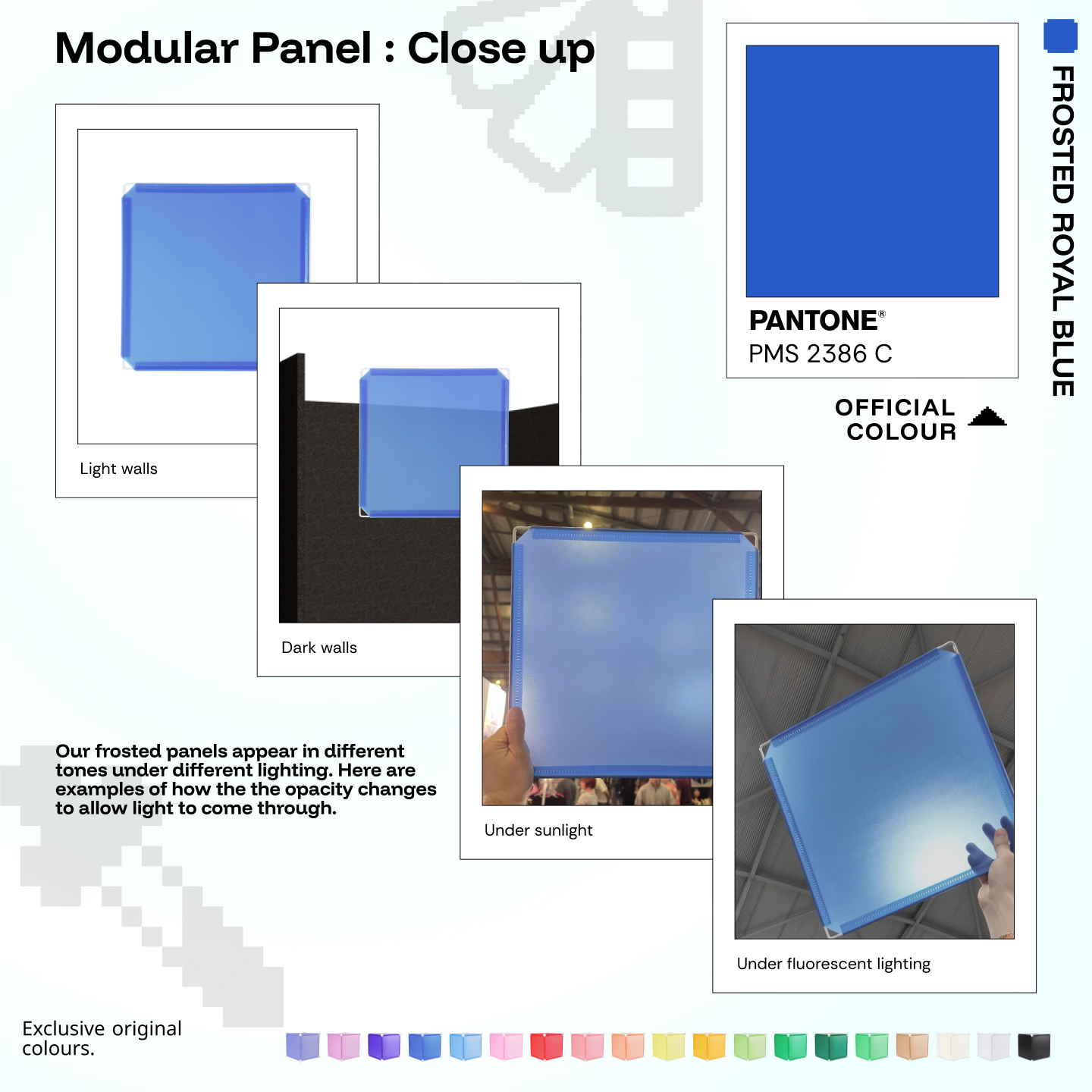 Artistbooths Frosted Cobalt Blue panel close-ups showing frosted opacity under different lighting