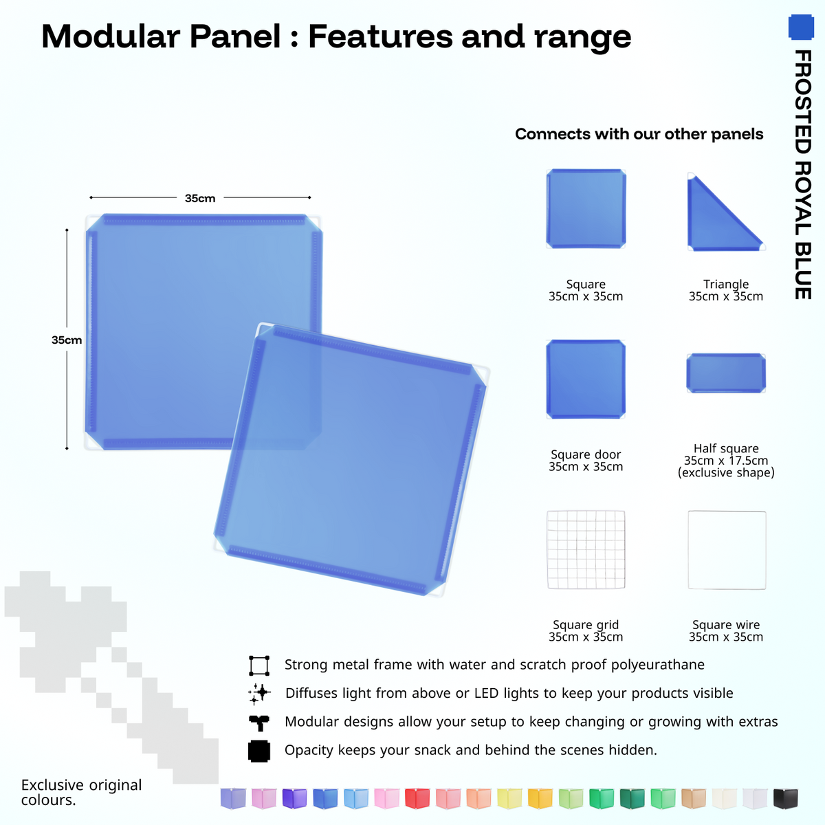 Artistbooths Frosted Cobalt Blue panel shape range chart with square, triangle, half-square, door, grid and wire panels (35cm)
