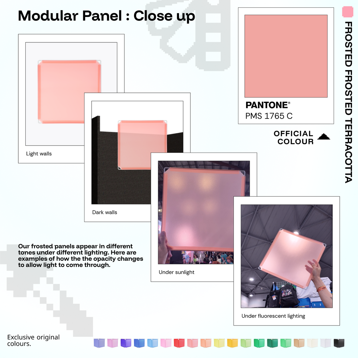 Artistbooths Frosted Terracotta panel close-ups showing frosted opacity under different lighting