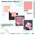 Artistbooths Frosted Terracotta panel close-ups showing frosted opacity under different lighting (Pantone 1765 C)