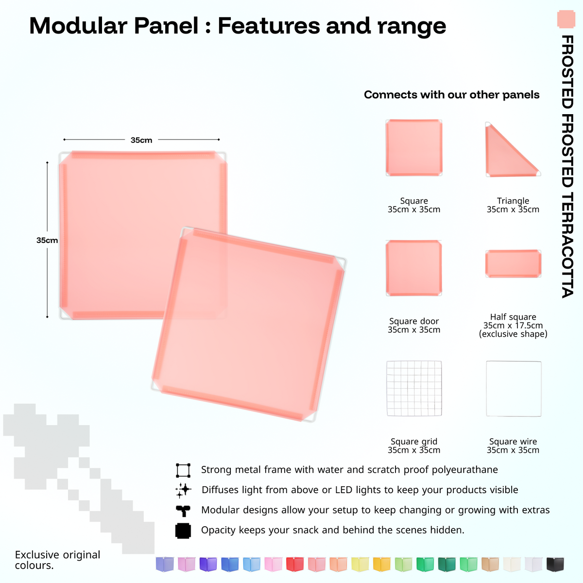 Artistbooths Frosted Terracotta panel shape range chart with square, triangle, half-square, door, grid and wire panels (35cm)
