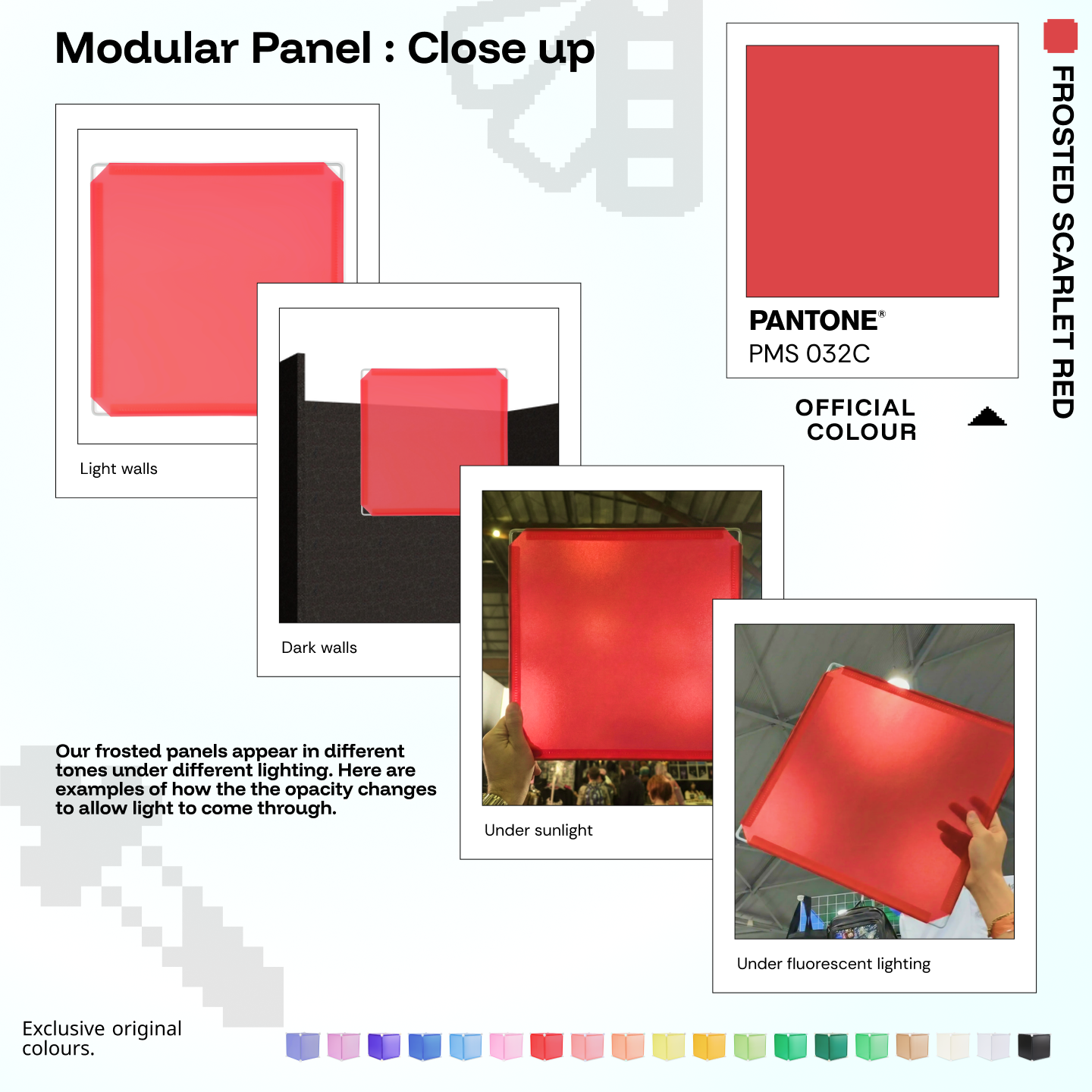 Artistbooths Frosted Scarlet Red panel close-ups showing frosted opacity under different lighting (PMS 032C)