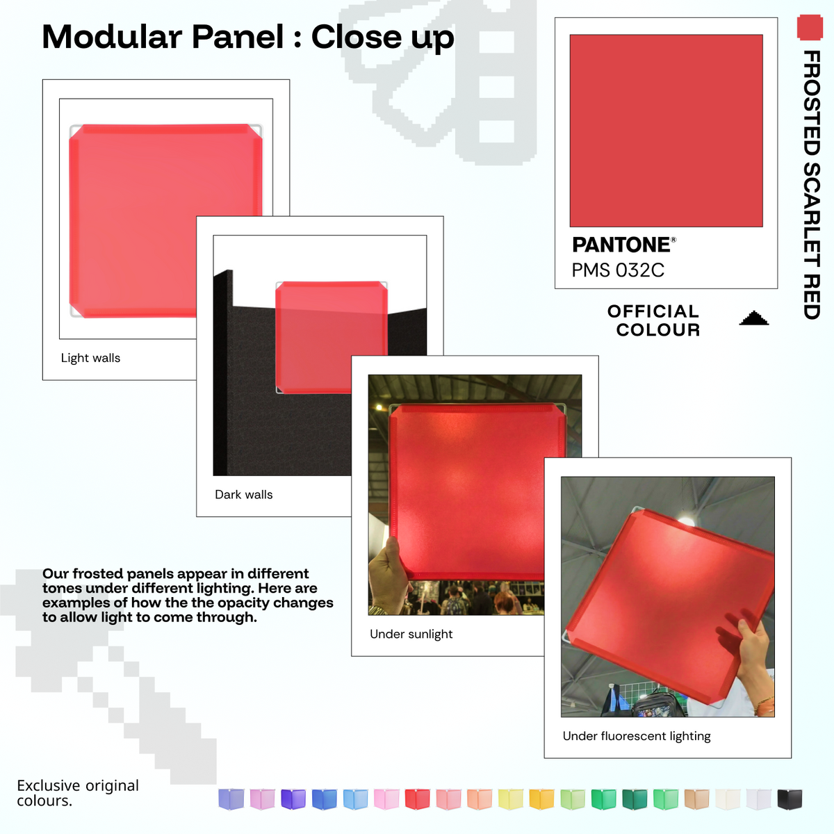 Artistbooths Frosted Scarlet Red panel close-ups showing frosted opacity under different lighting (PMS 032C)