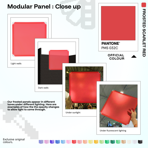 Artistbooths Frosted Scarlet Red panel close-ups showing frosted opacity under different lighting (PMS 032C)