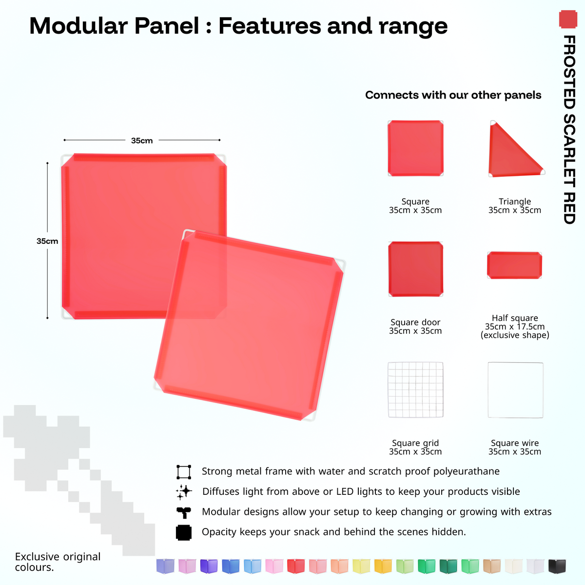 Artistbooths Frosted Scarlet Red panel shape range chart with square, triangle, half-square, door, grid and wire panels (35cm)
