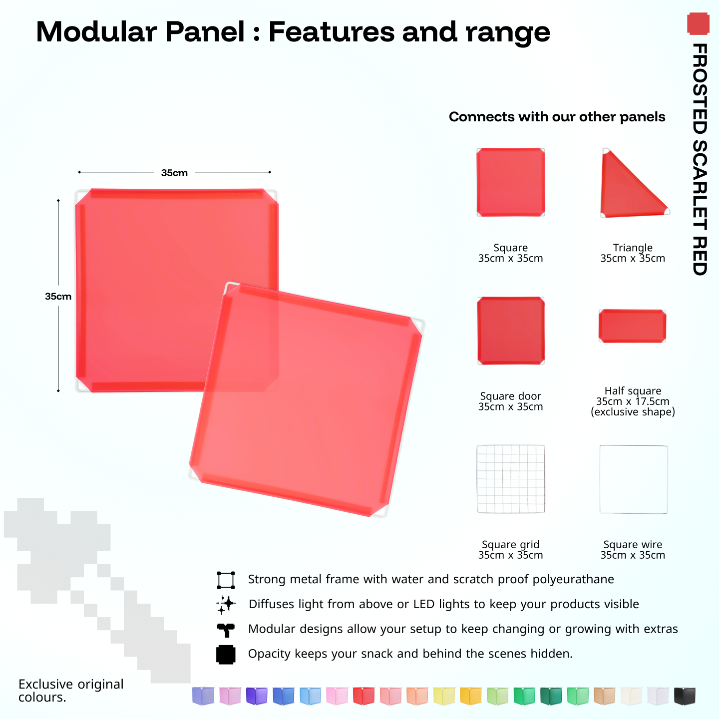 Artistbooths Frosted Scarlet Red panel shape range chart with square, triangle, half-square, door, grid and wire panels (35cm)