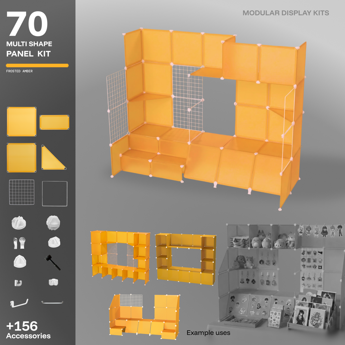Artistbooths Frosted Amber 70-panel modular booth assembled, with example display layouts