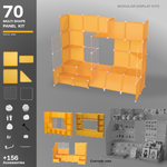 Artistbooths Frosted Amber 70-panel modular booth assembled, with example display layouts