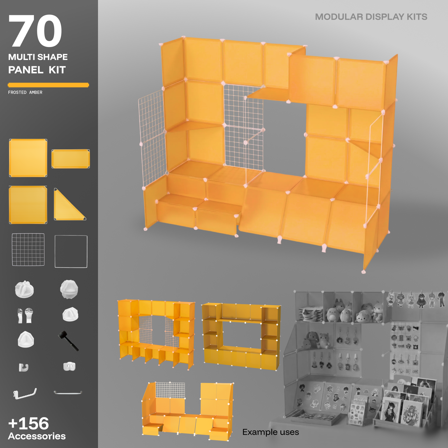 Artistbooths Frosted Amber 70-panel modular booth assembled, with example display layouts