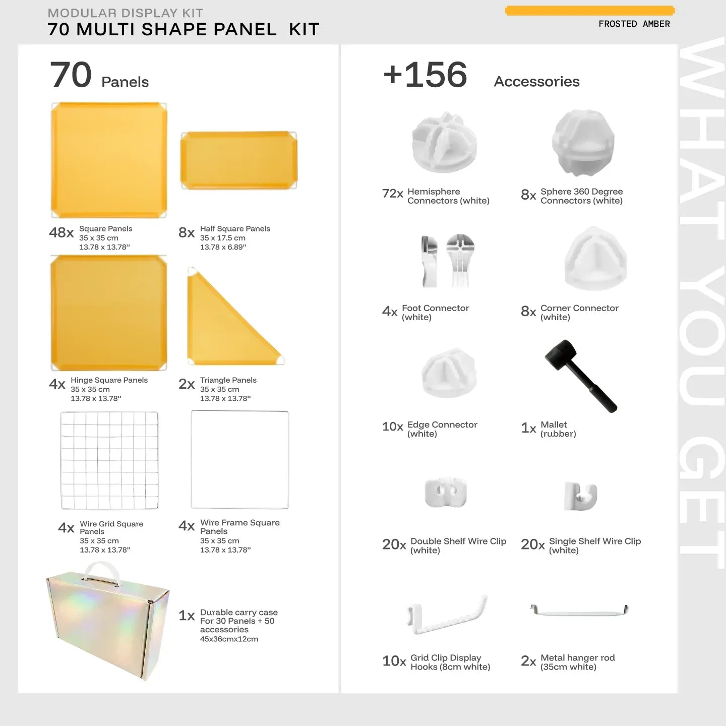 Frosted Amber Shapeshift 70-panel kit — what's included: 70 multi-shape panels + 156 accessories