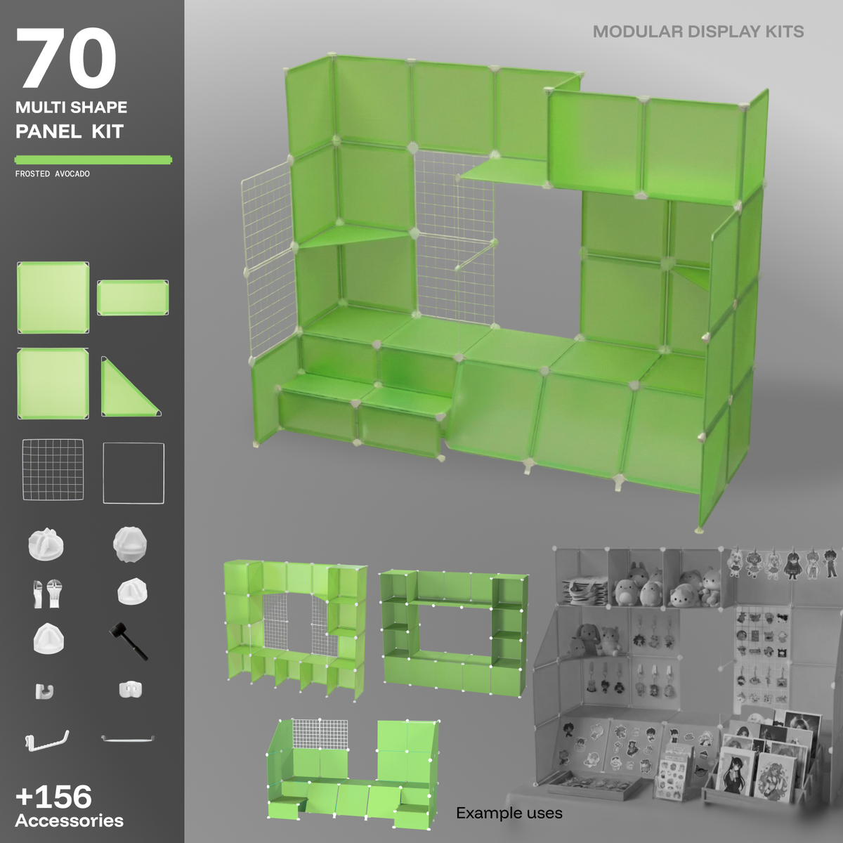 Artistbooths Frosted Avocado Green 70-panel modular booth assembled, with example display layouts