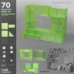 Artistbooths Frosted Avocado Green 70-panel modular booth assembled, with example display layouts