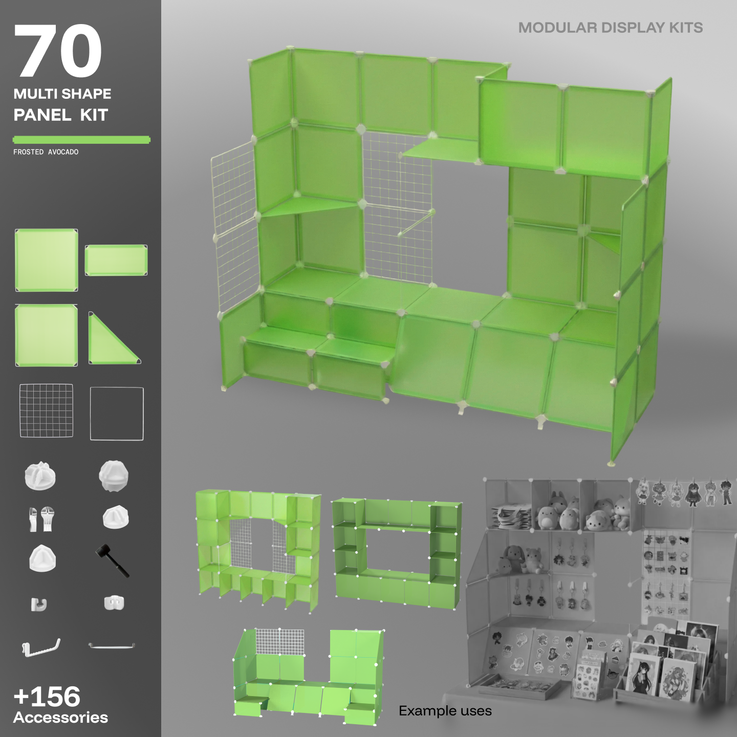 Artistbooths Frosted Avocado Green 70-panel modular booth assembled, with example display layouts