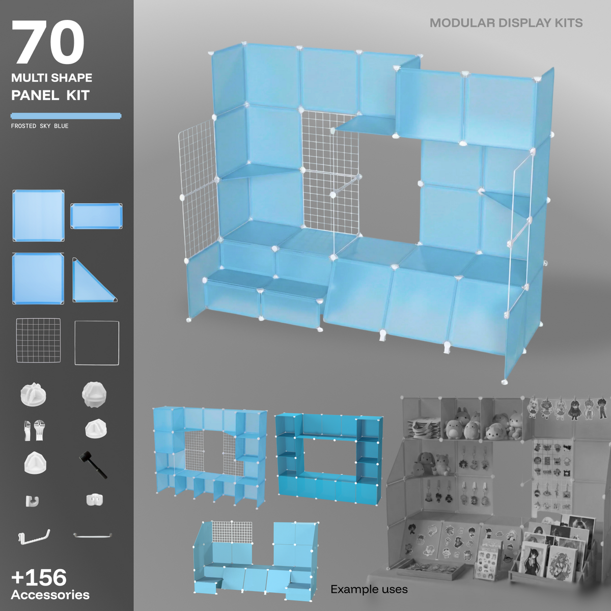 Artistbooths Frosted Blue Sky 70-panel modular booth assembled, with example display layouts