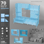 Artistbooths Frosted Blue Sky 70-panel modular booth assembled, with example display layouts