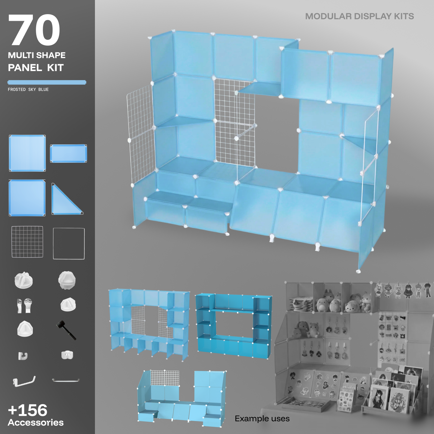 Artistbooths Frosted Blue Sky 70-panel modular booth assembled, with example display layouts
