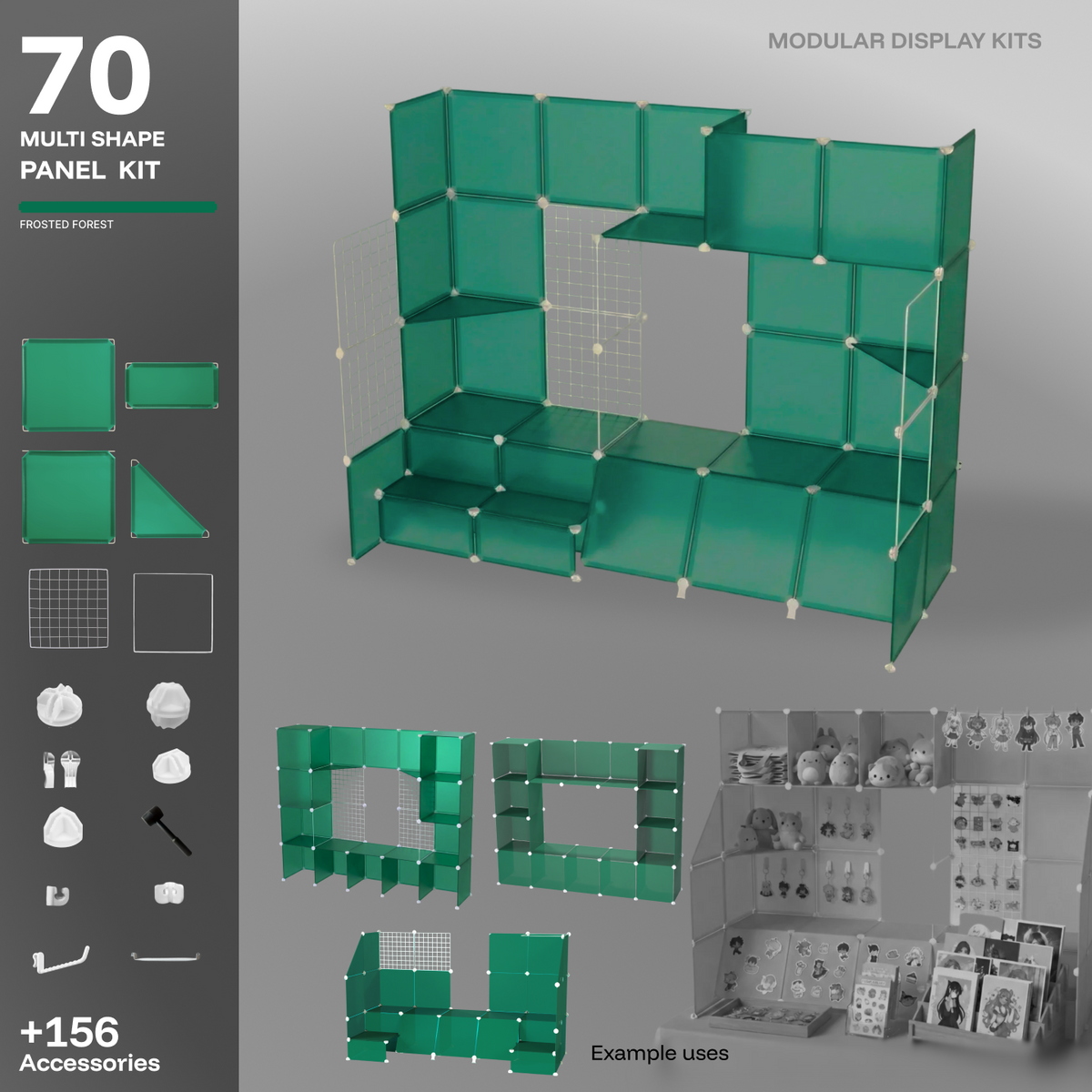Artistbooths Frosted Forest 70-panel modular booth assembled, with example display layouts
