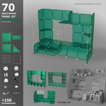 Artistbooths Frosted Forest 70-panel modular booth assembled, with example display layouts