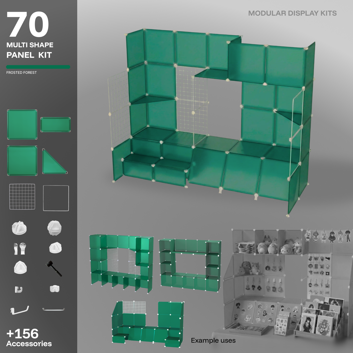 Artistbooths Frosted Forest 70-panel modular booth assembled, with example display layouts