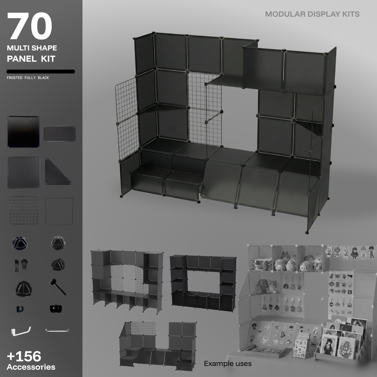 Artistbooths Frosted Fully Black 70-panel modular booth kit assembled, with example display layouts