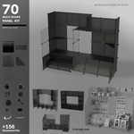 Artistbooths Frosted Fully Black 70-panel modular booth kit assembled, with example display layouts