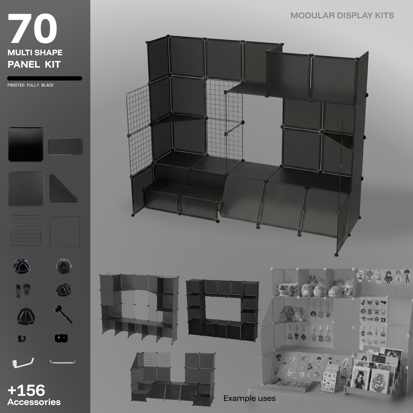 Artistbooths Frosted Fully Black 70-panel modular booth kit assembled, with example display layouts
