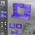 Artistbooths Frosted Indigo Purple 70-panel multi-shape modular kit assembled into a display, with example uses