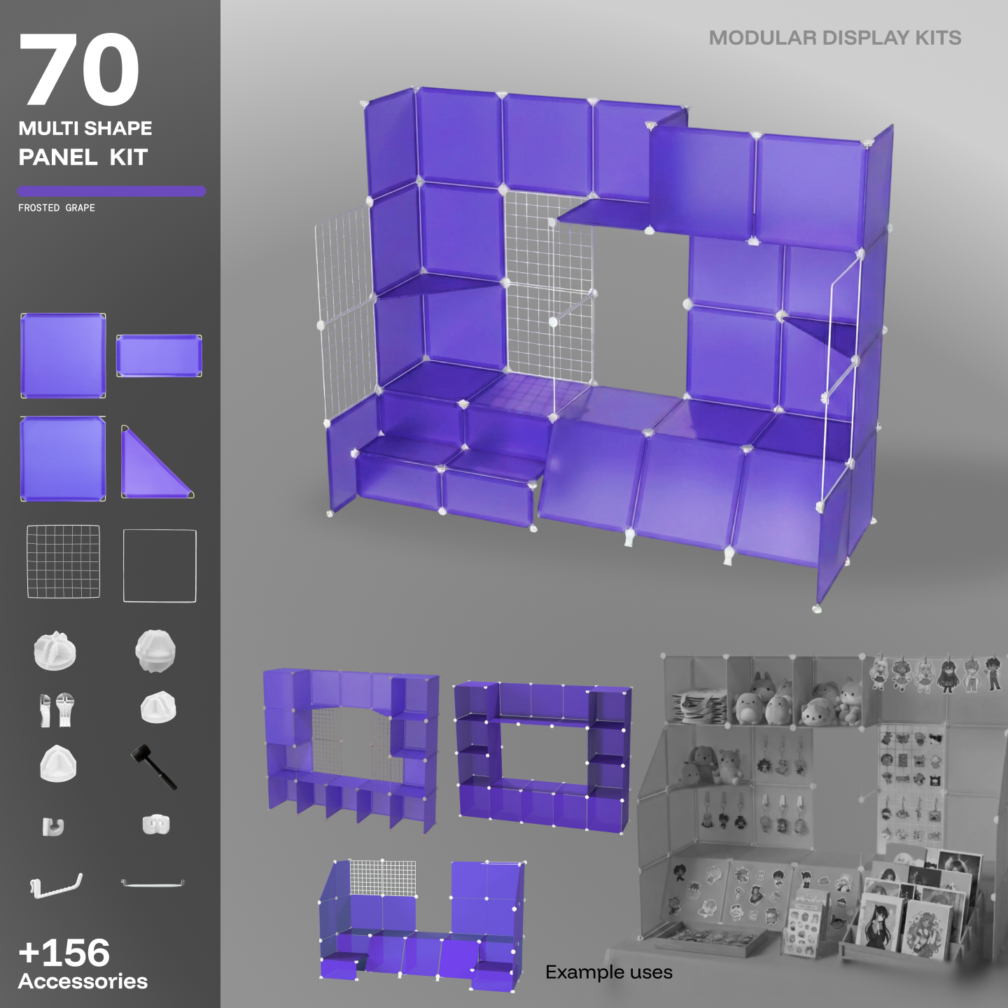 Artistbooths Frosted Indigo Purple 70-panel multi-shape modular kit assembled into a display, with example uses