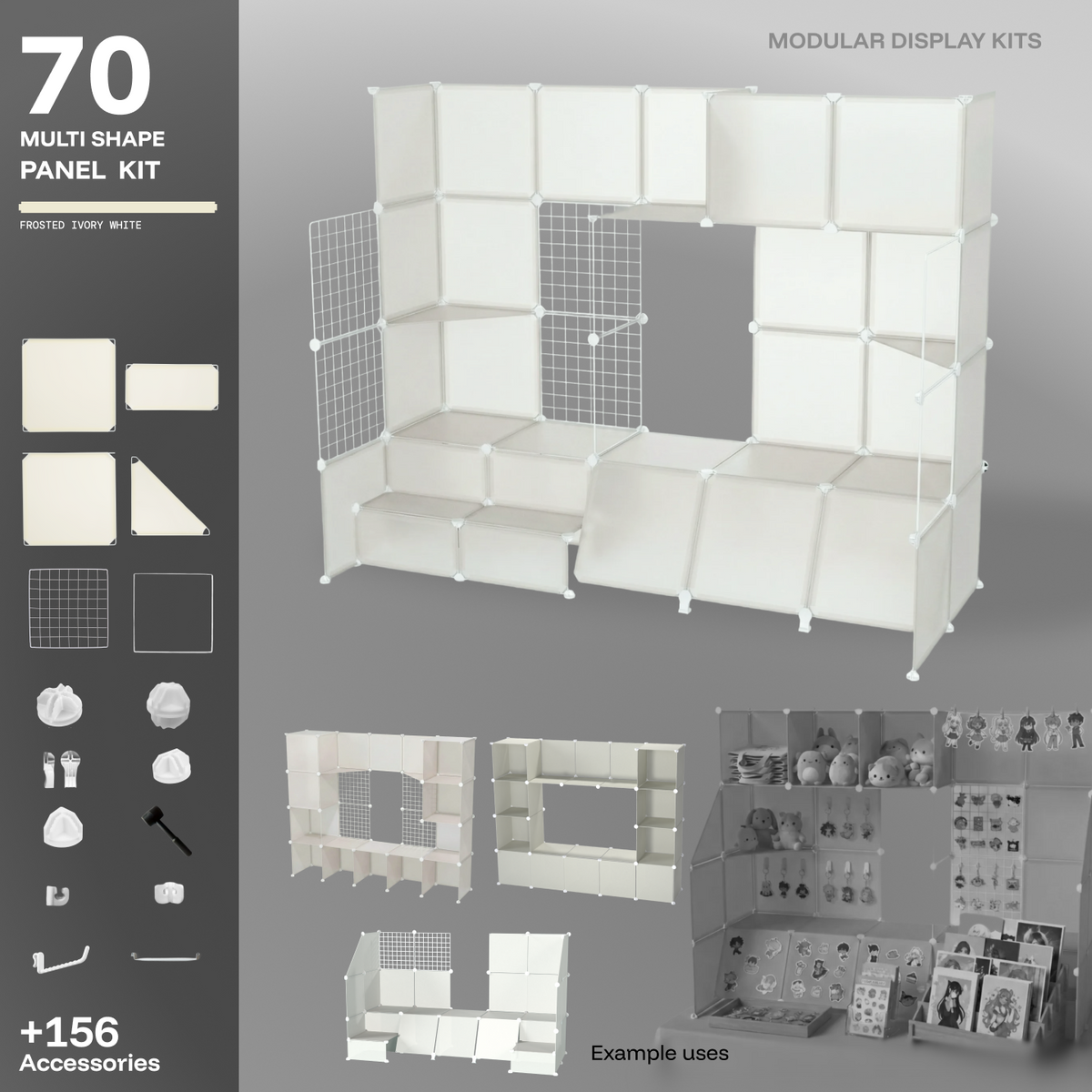Artistbooths Frosted Ivory White 70-panel modular booth kit assembled, with example display layouts