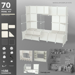 Artistbooths Frosted Ivory White 70-panel modular booth kit assembled, with example display layouts