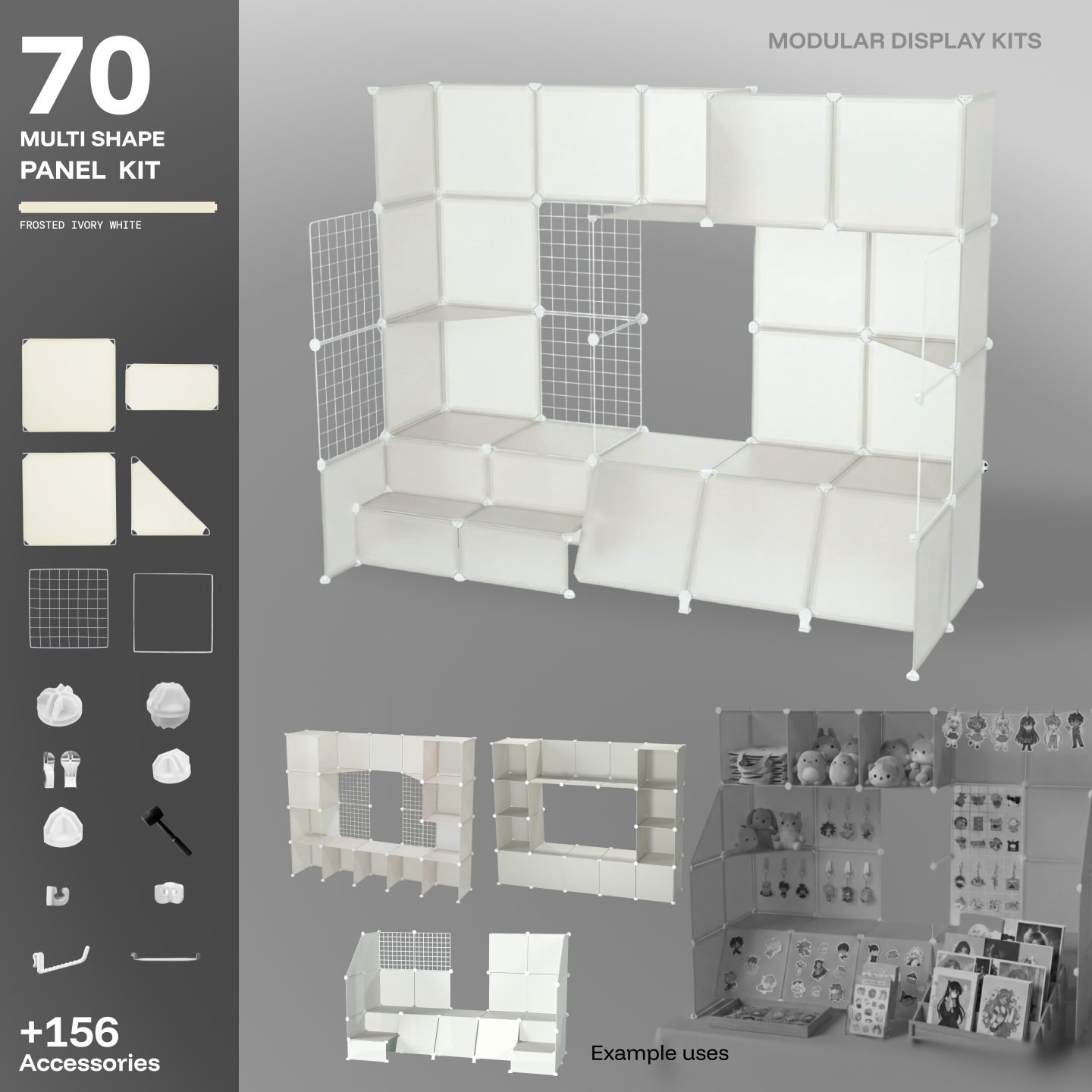Artistbooths Frosted Ivory White 70-panel modular booth kit assembled, with example display layouts