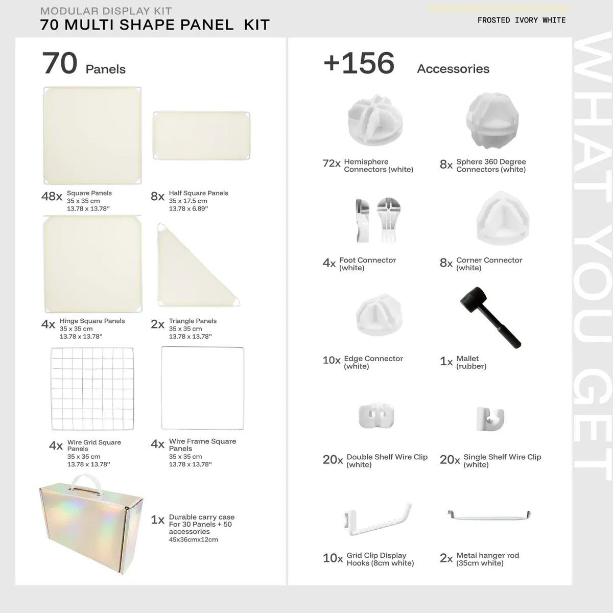 Frosted Ivory White Shapeshift 70-panel kit — what's included: 70 multi-shape panels + 156 accessories