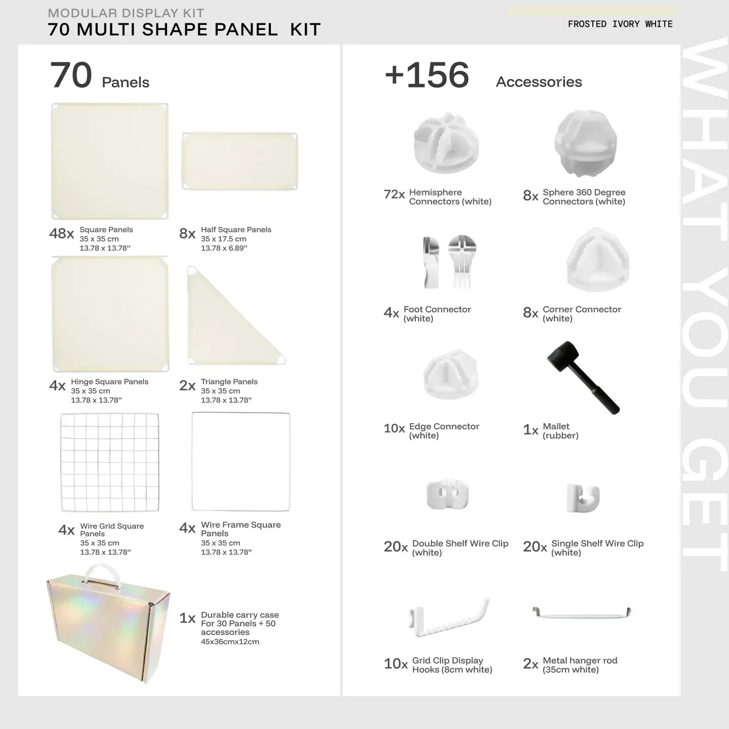 Frosted Ivory White Shapeshift 70-panel kit — what's included: 70 multi-shape panels + 156 accessories