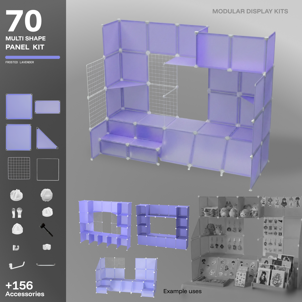 Artistbooths Frosted Lavender 70-panel modular booth assembled in 3D, with example display layouts
