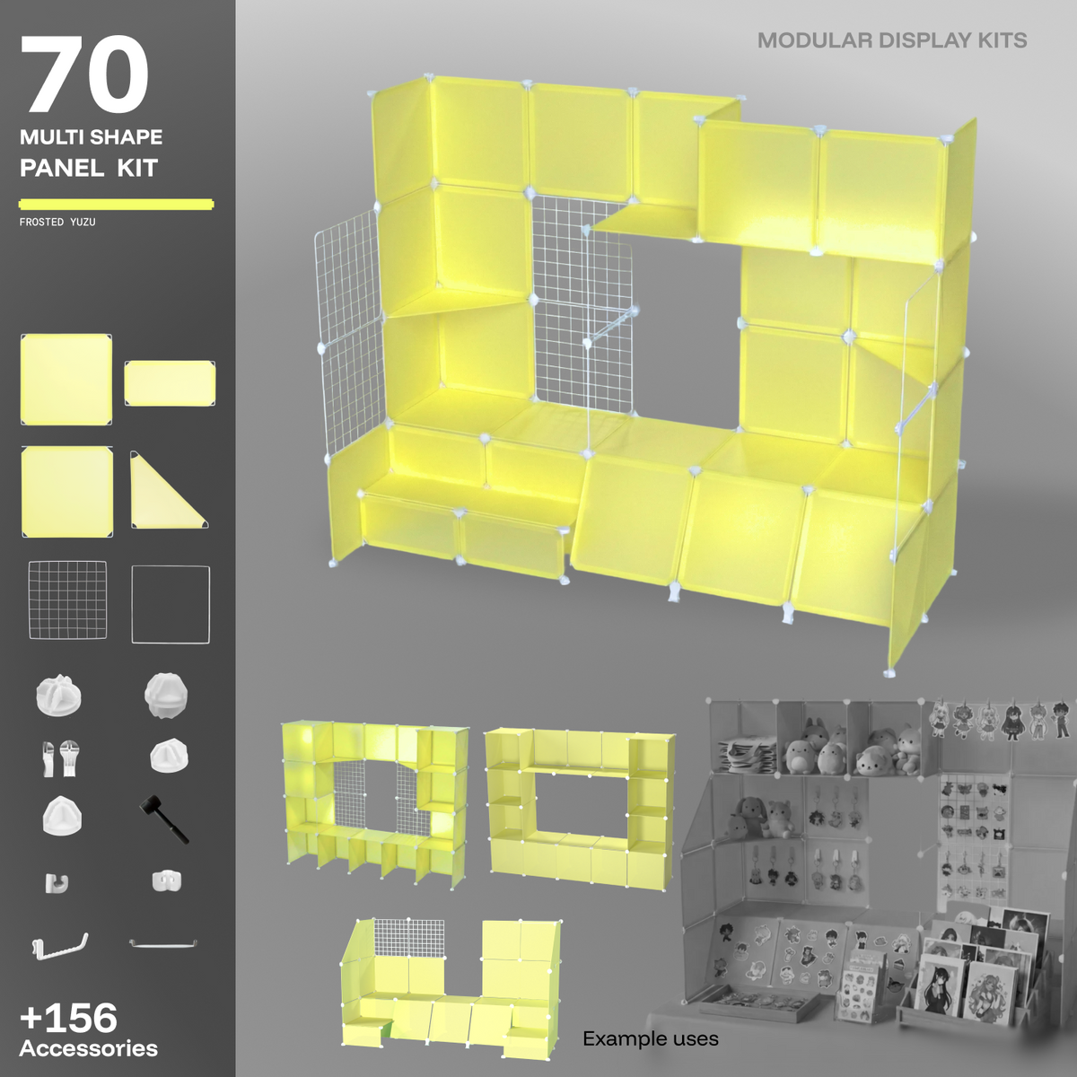 Artistbooths Frosted Yuzu 70-panel modular booth kit assembled, with example display layouts