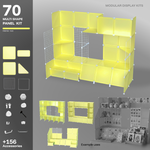 Artistbooths Frosted Yuzu 70-panel modular booth kit assembled, with example display layouts