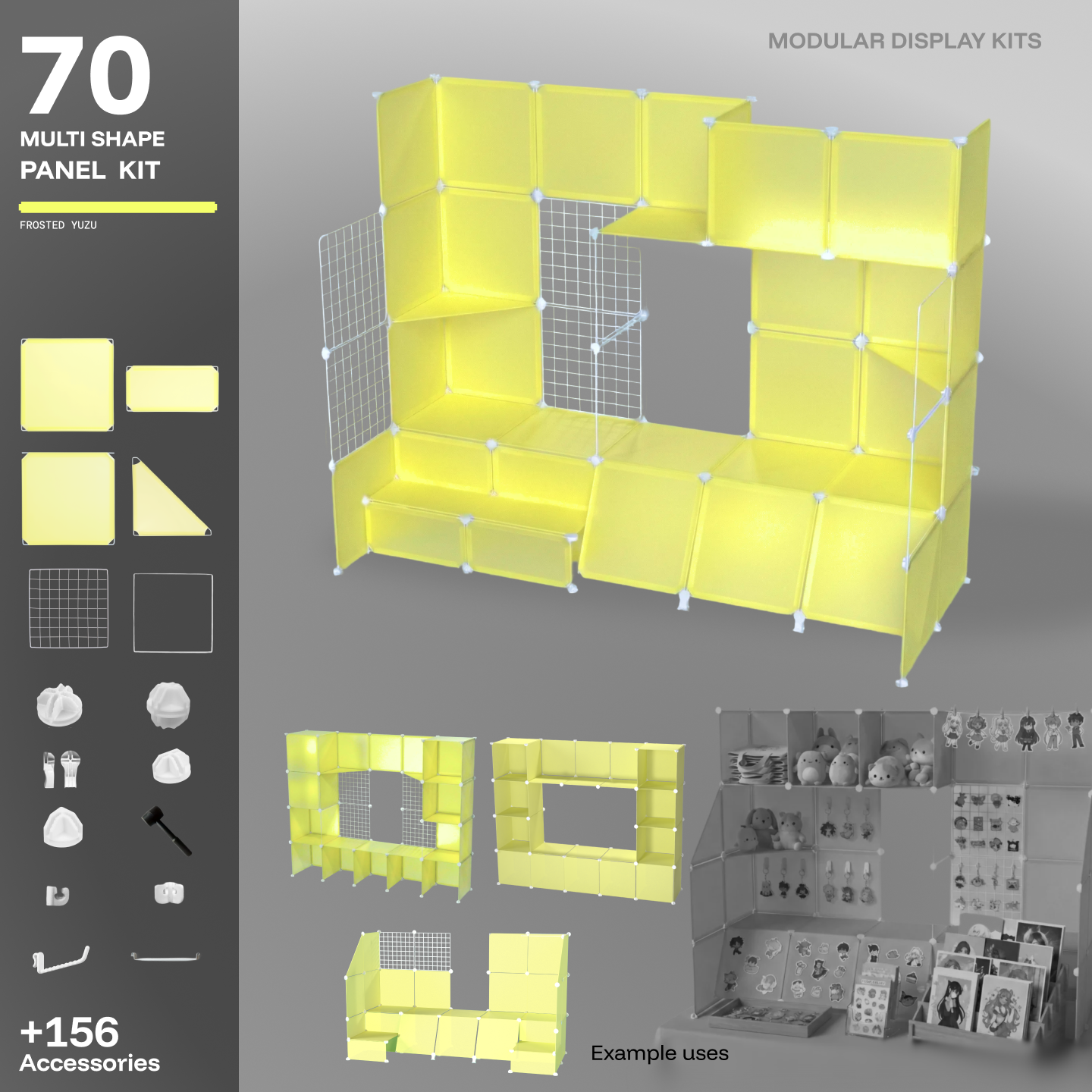 Artistbooths Frosted Yuzu 70-panel modular booth kit assembled, with example display layouts