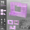 Artistbooths Frosted Lilac 70-panel modular booth assembled, with example display layouts