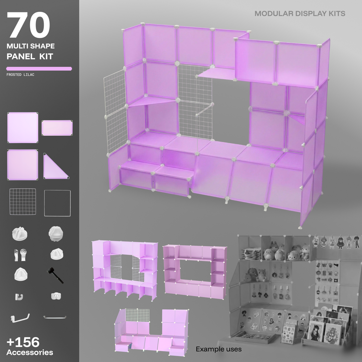 Artistbooths Frosted Lilac 70-panel modular booth assembled, with example display layouts