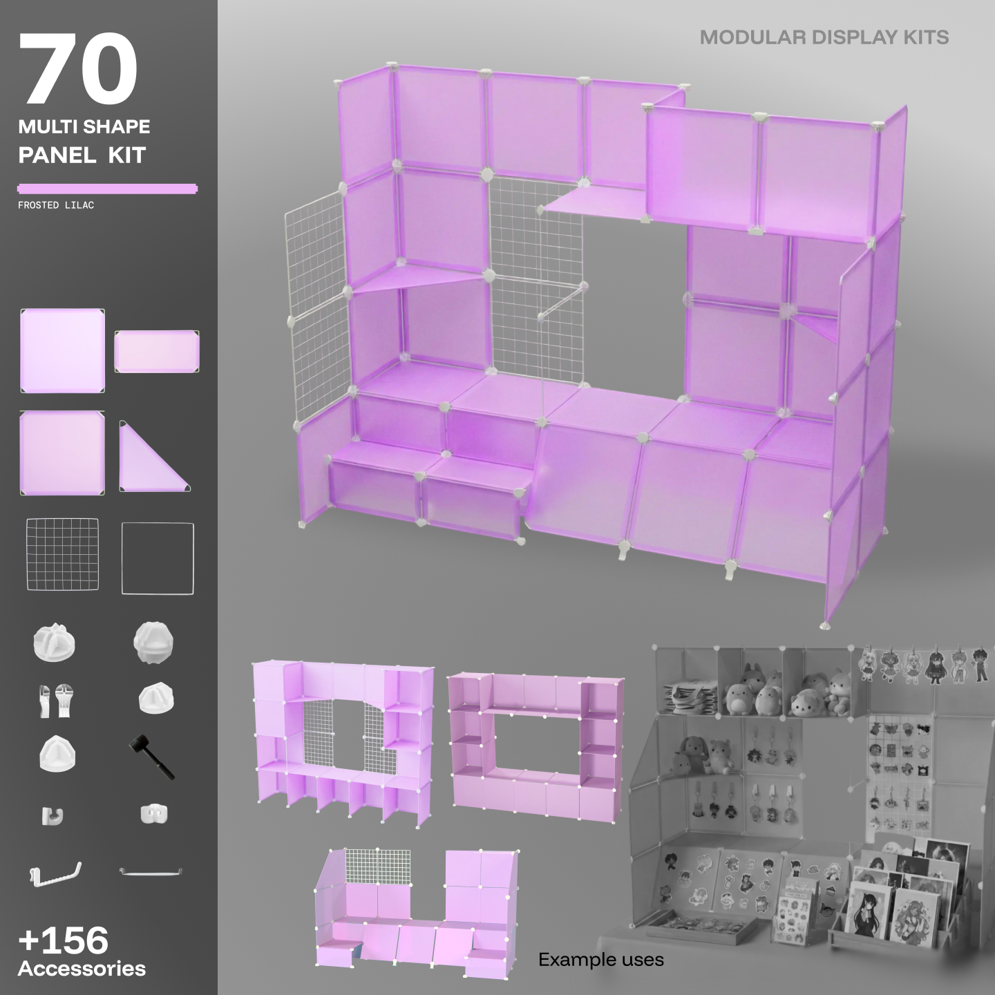 Artistbooths Frosted Lilac 70-panel modular booth assembled, with example display layouts