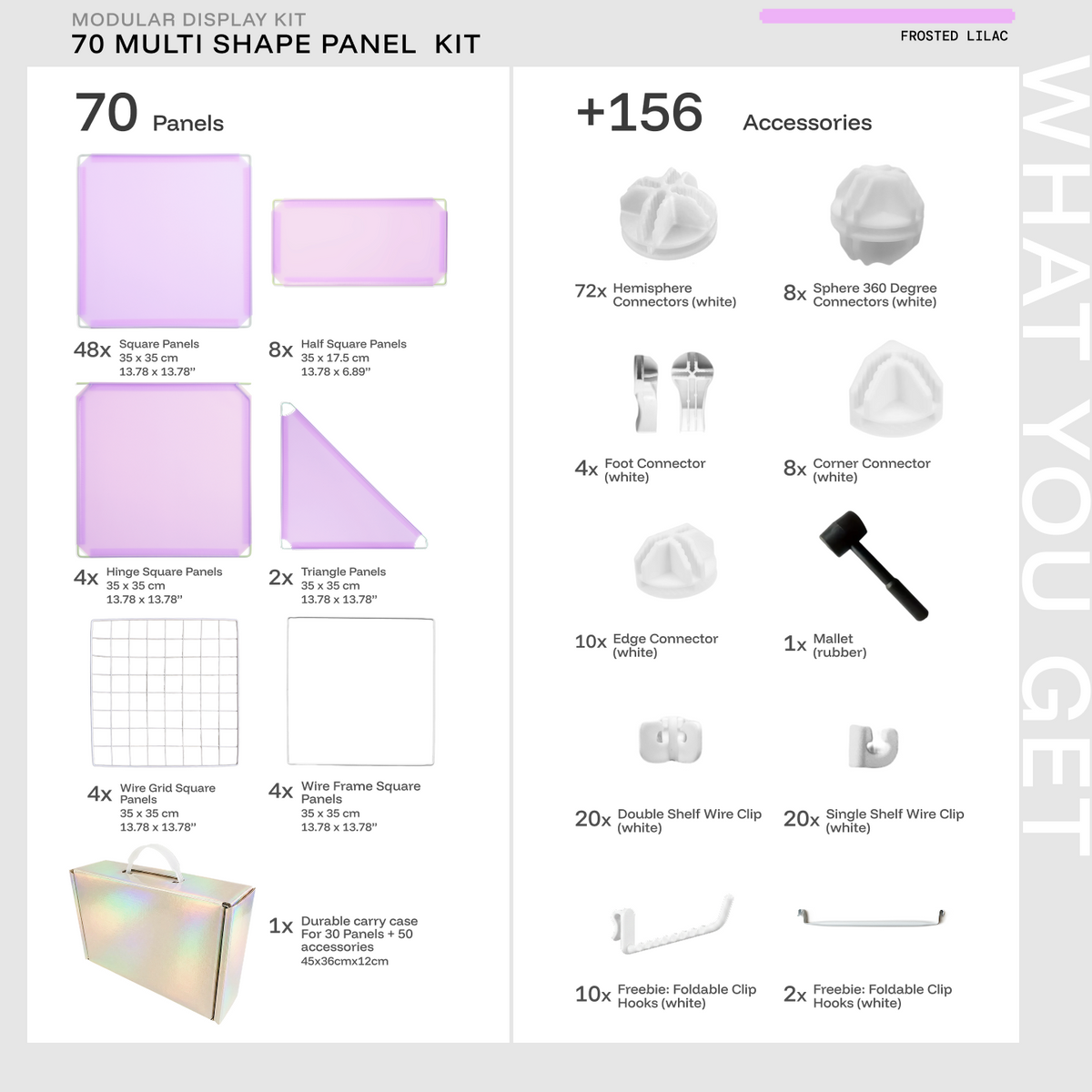 Artistbooths 70-panel modular kit contents in Frosted Lilac with panels, connectors, clips, hooks and mallet