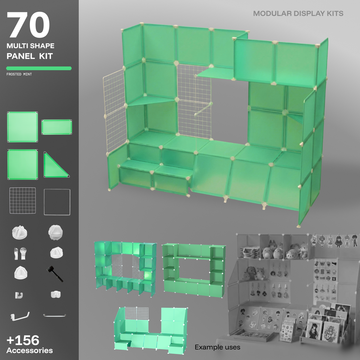 Artistbooths Frosted Mint Green 70-panel modular booth assembled, with example display layouts