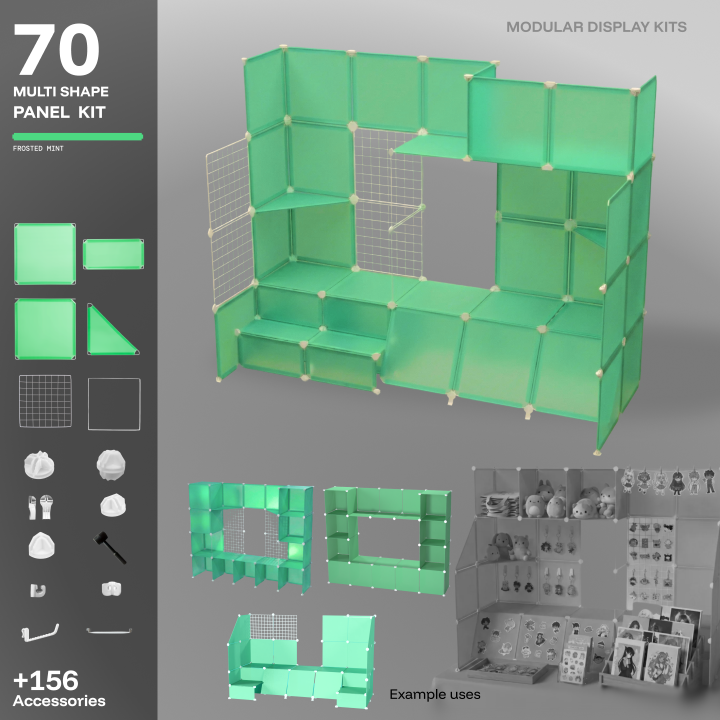 Artistbooths Frosted Mint Green 70-panel modular booth assembled, with example display layouts