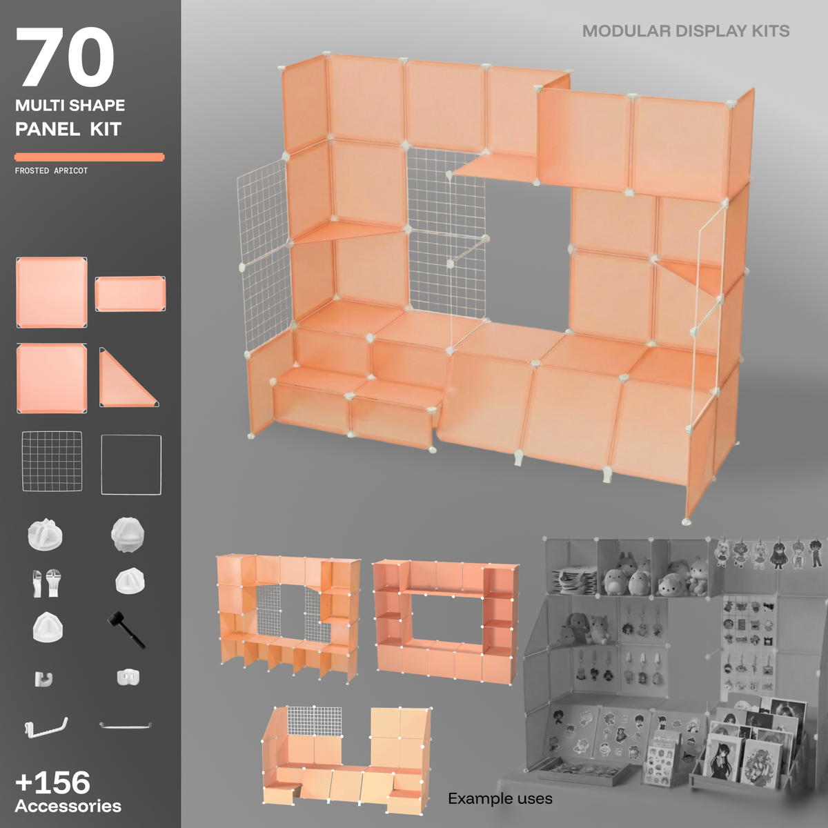 Artistbooths Frosted Apricot 70-panel modular booth assembled, with example display layouts