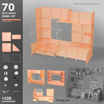 Artistbooths Frosted Apricot 70-panel modular booth assembled, with example display layouts