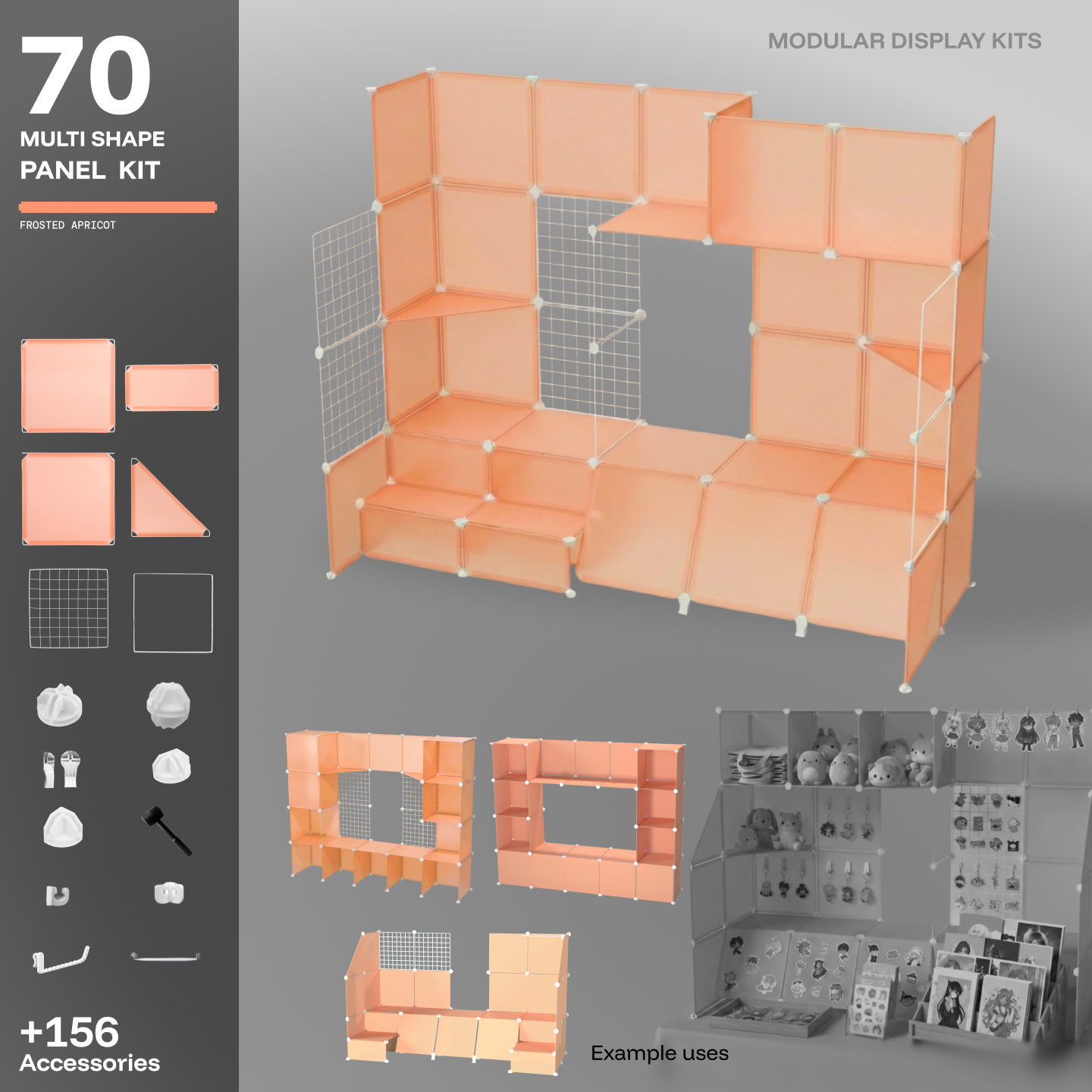 Artistbooths Frosted Apricot 70-panel modular booth assembled, with example display layouts