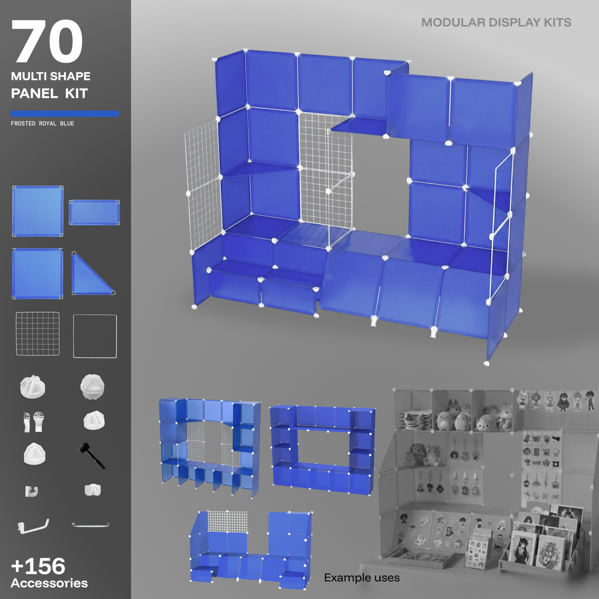 Artistbooths Frosted Royal Blue 70-panel modular booth assembled, with example display layouts