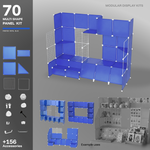 Artistbooths Frosted Royal Blue 70-panel modular booth assembled, with example display layouts