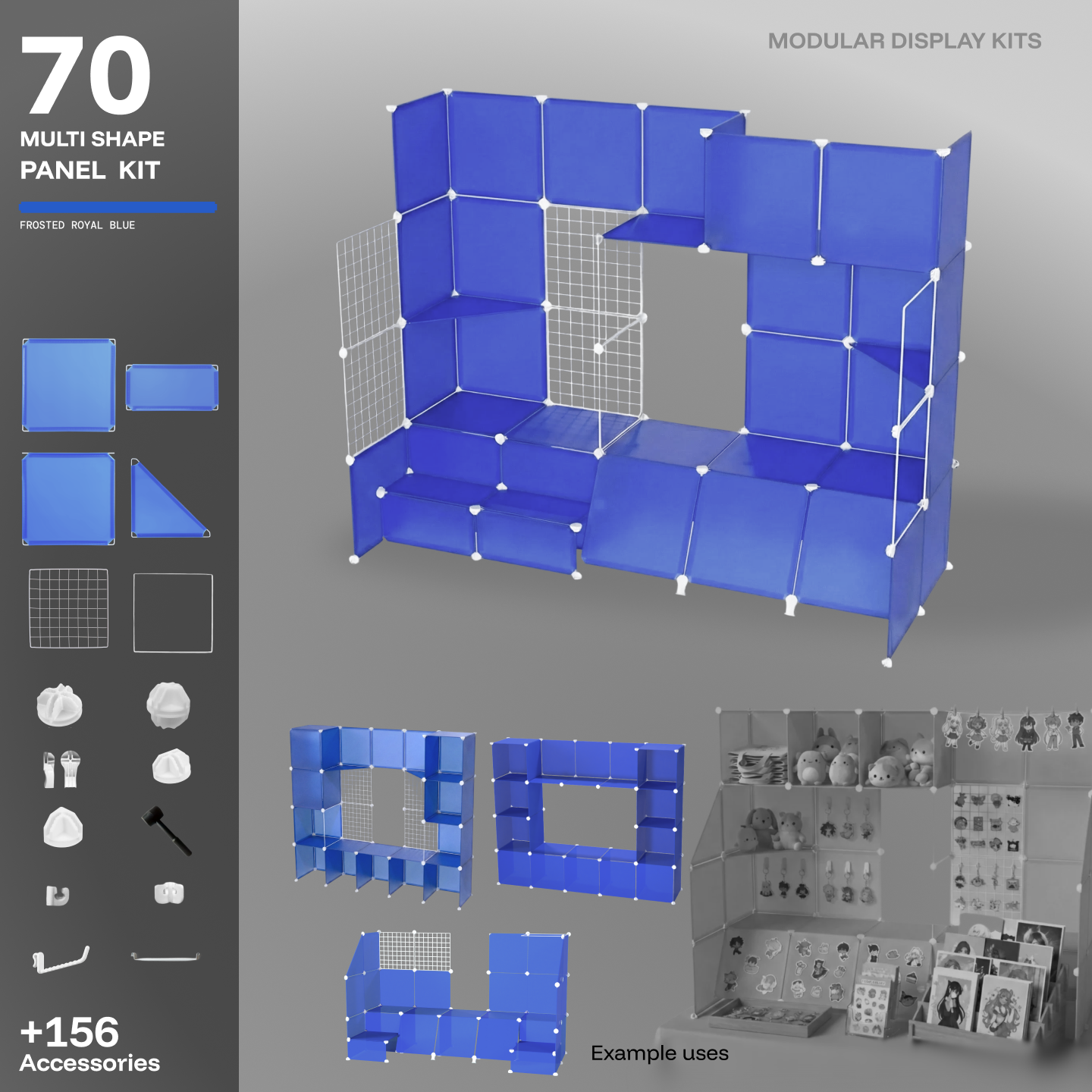 Artistbooths Frosted Royal Blue 70-panel modular booth assembled, with example display layouts