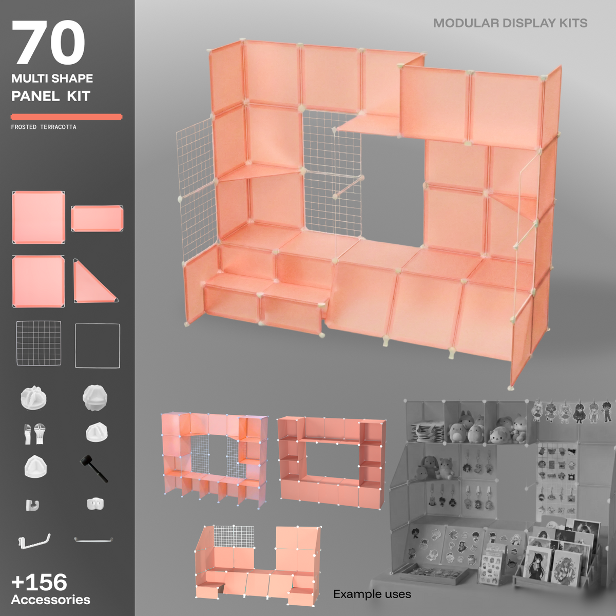 Artistbooths Frosted Terracotta 70-panel modular booth assembled, with example display uses for the kit